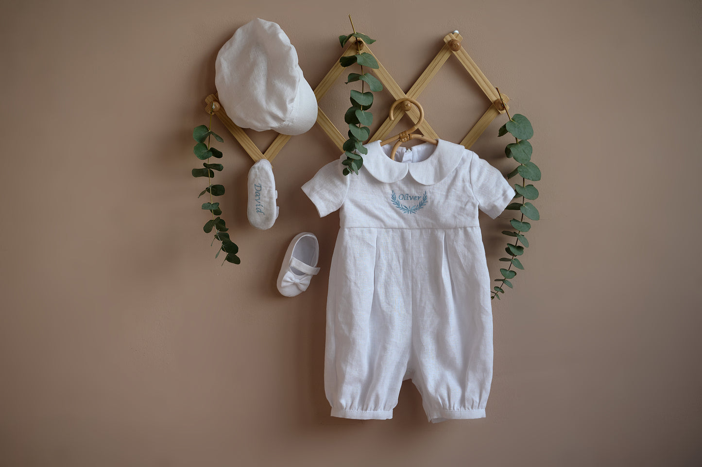 Linen boy christening romper