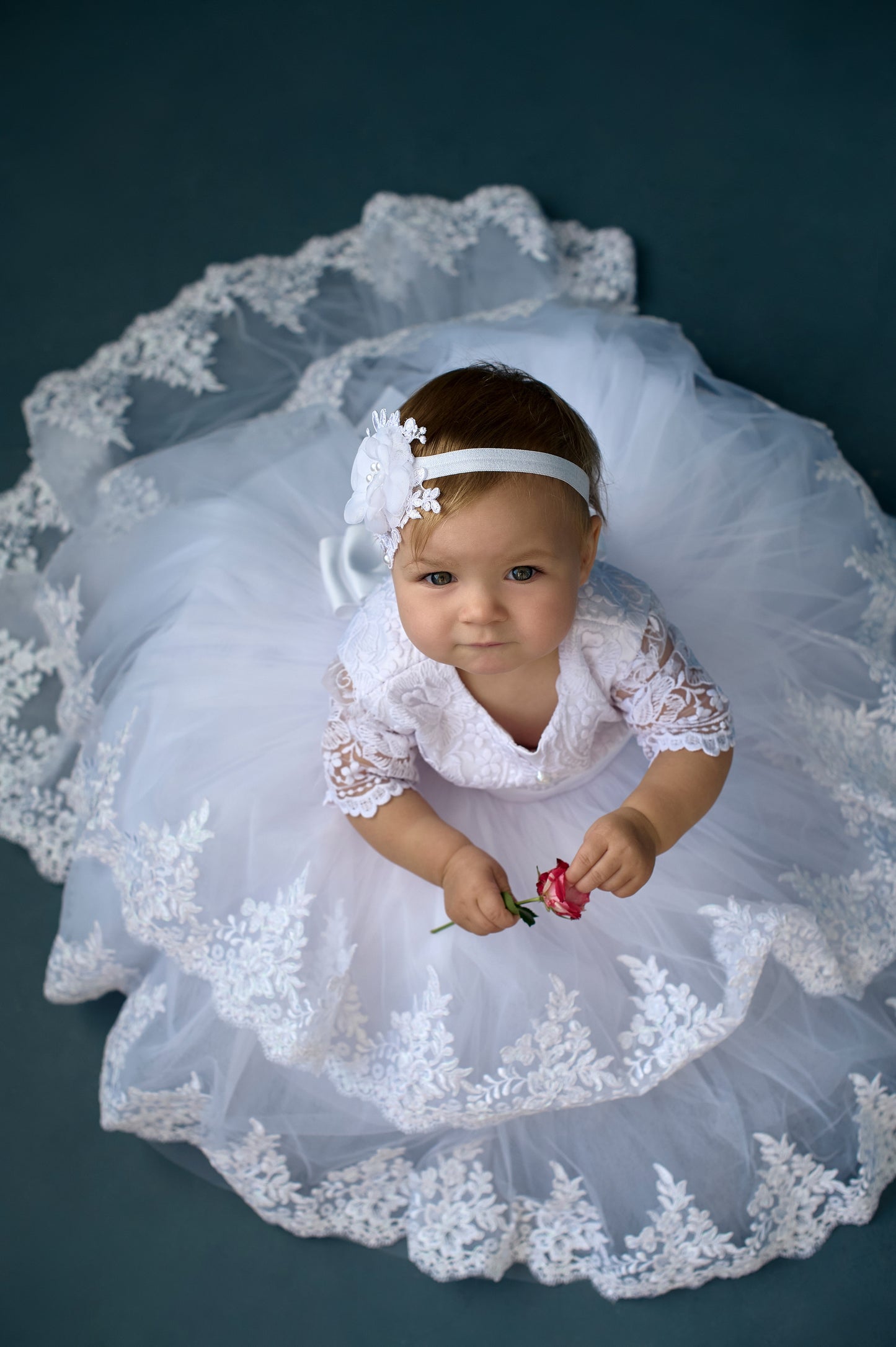 White christening dress with train