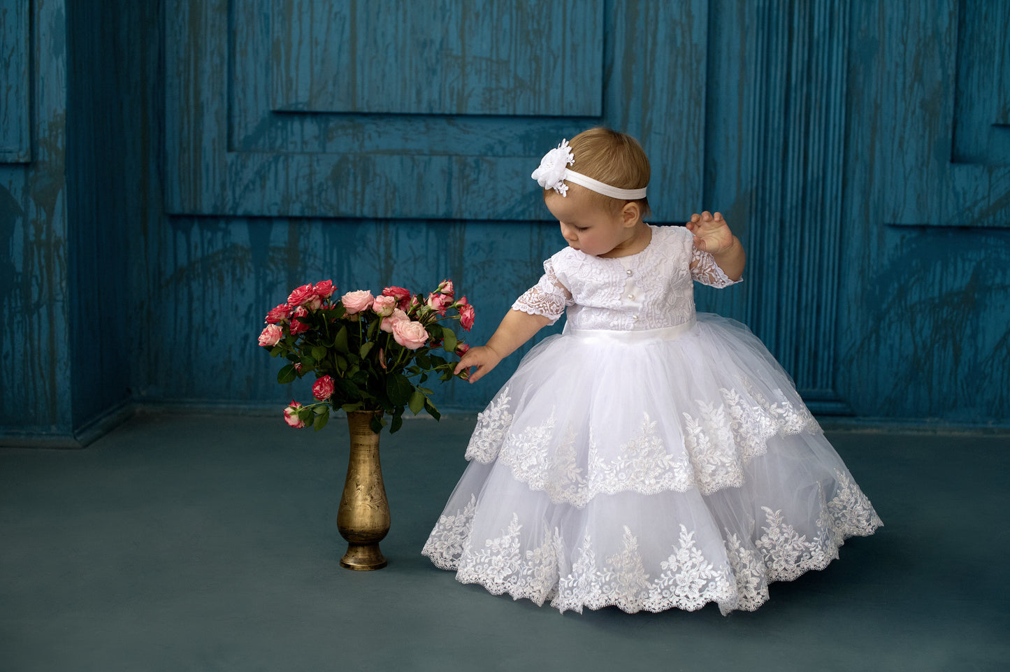 White christening dress with train