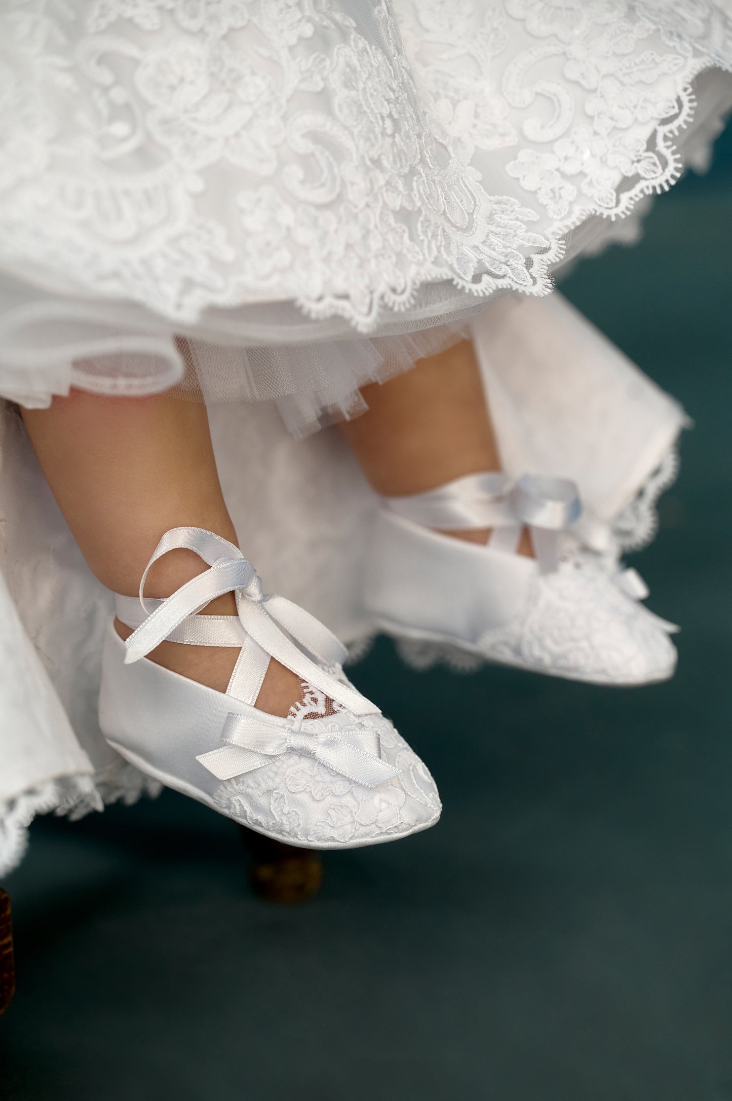 Baptism satin dress with train