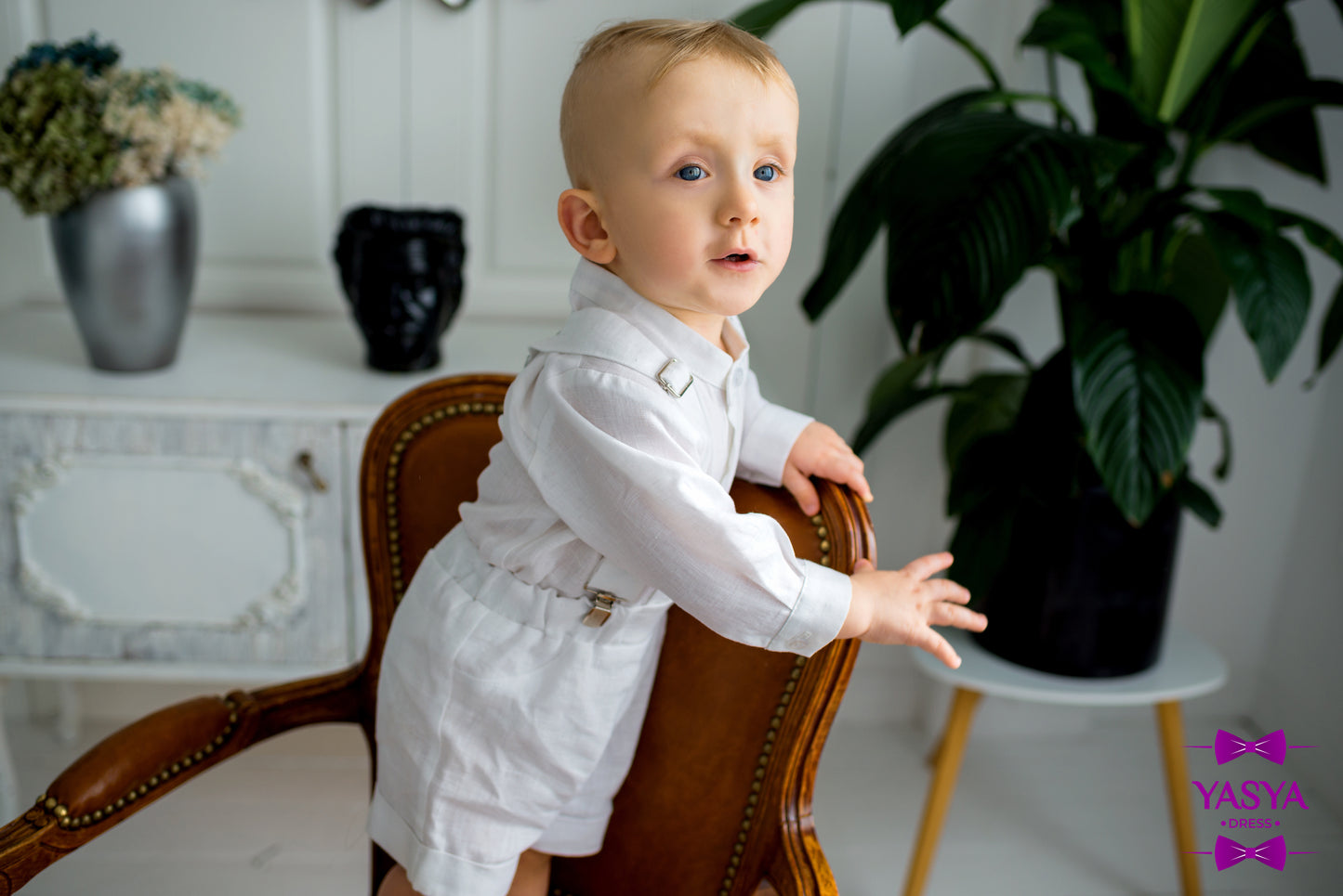 Linen boy christening suit