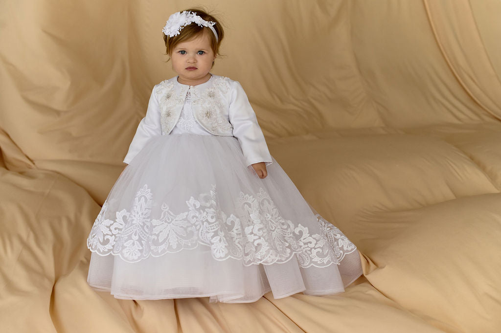 White Toddler Christening Dress with Train and Lace Hem — Puffy Baptism Gown with Bow Back