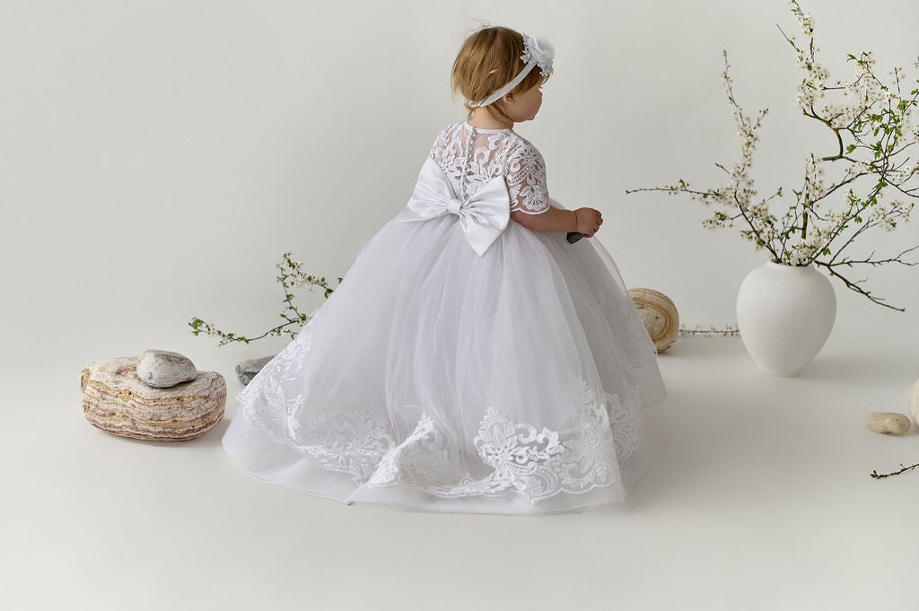 White Toddler Christening Dress with Train and Lace Hem — Puffy Baptism Gown with Bow Back