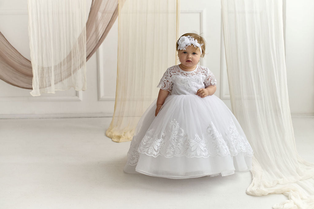 White Toddler Christening Dress with Train and Lace Hem — Puffy Baptism Gown with Bow Back