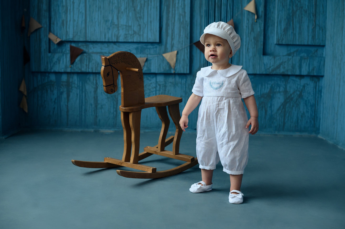 Linen boy christening romper