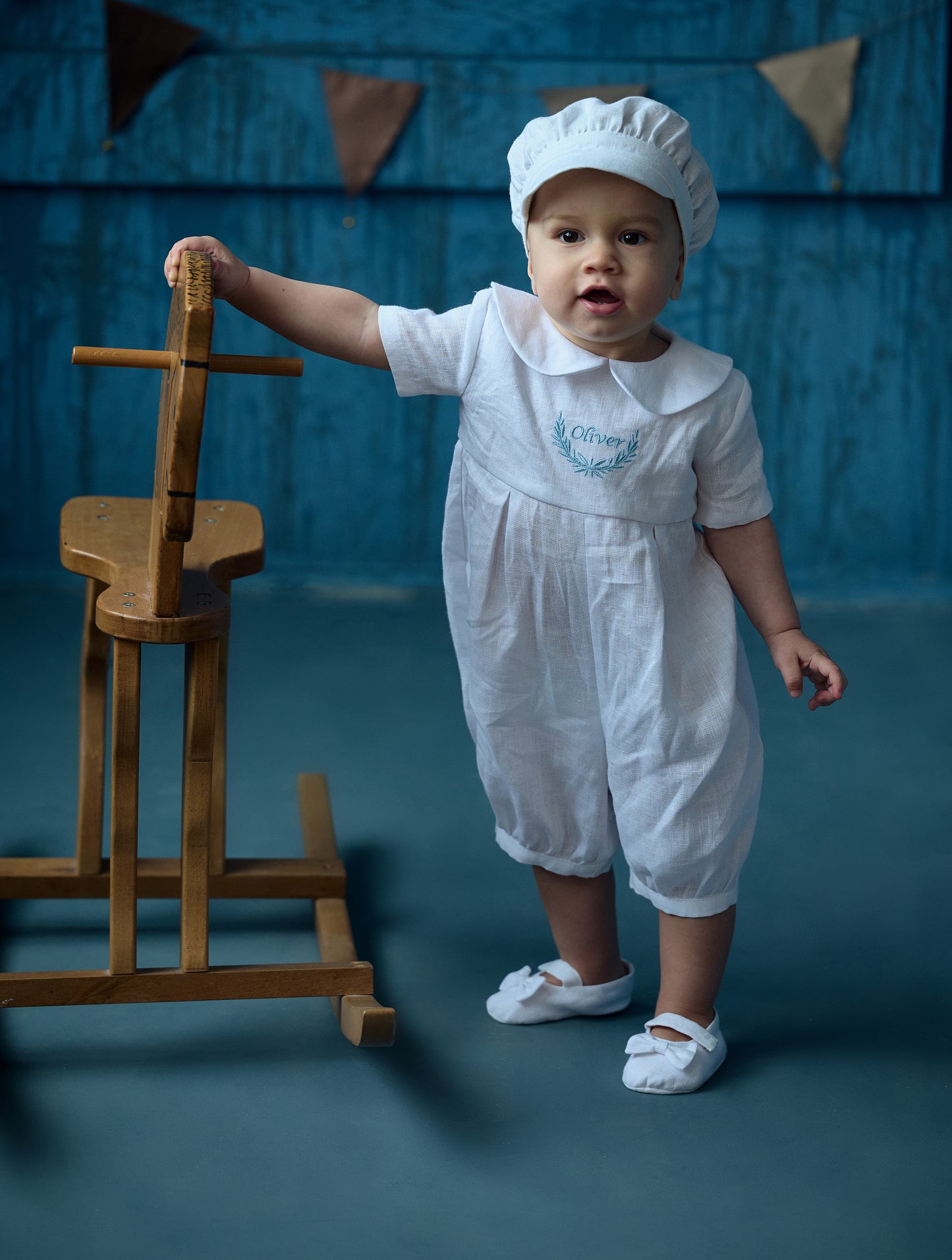 Linen boy christening romper