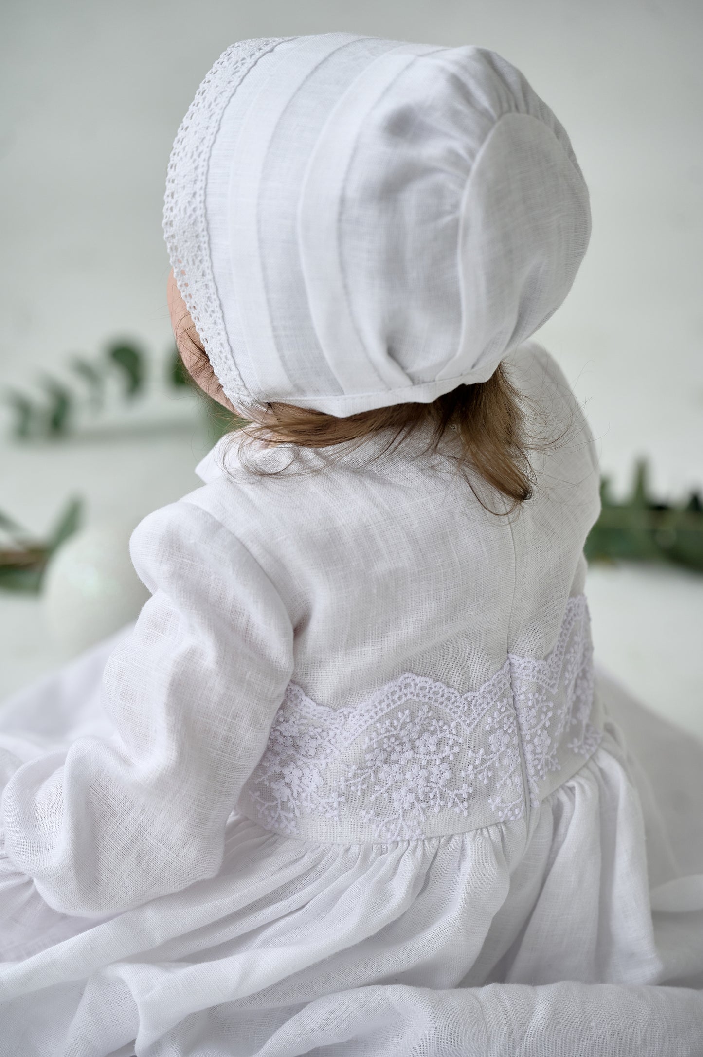 Linen christening bonnet.