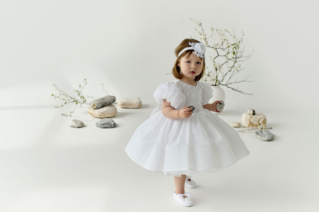 White Sparkly Christening Dress with Hand-Sewn Appliqué — Short Puffy-Sleeve Baptism Dress for Baby Girl 12-18 months / Dress+shoes