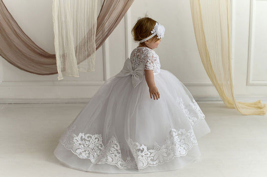 White Toddler Christening Dress with Train and Lace Hem — Puffy Baptism Gown with Bow Back