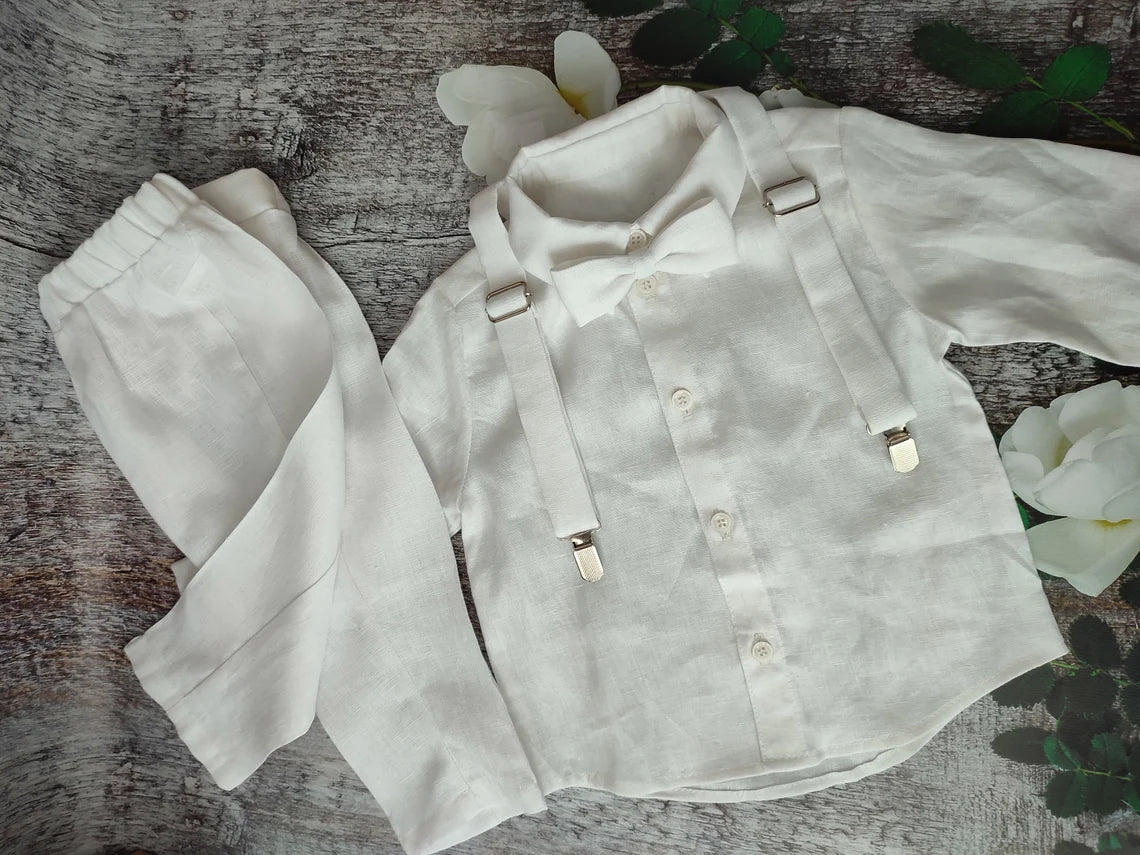 Linen baby boy baptism outfit