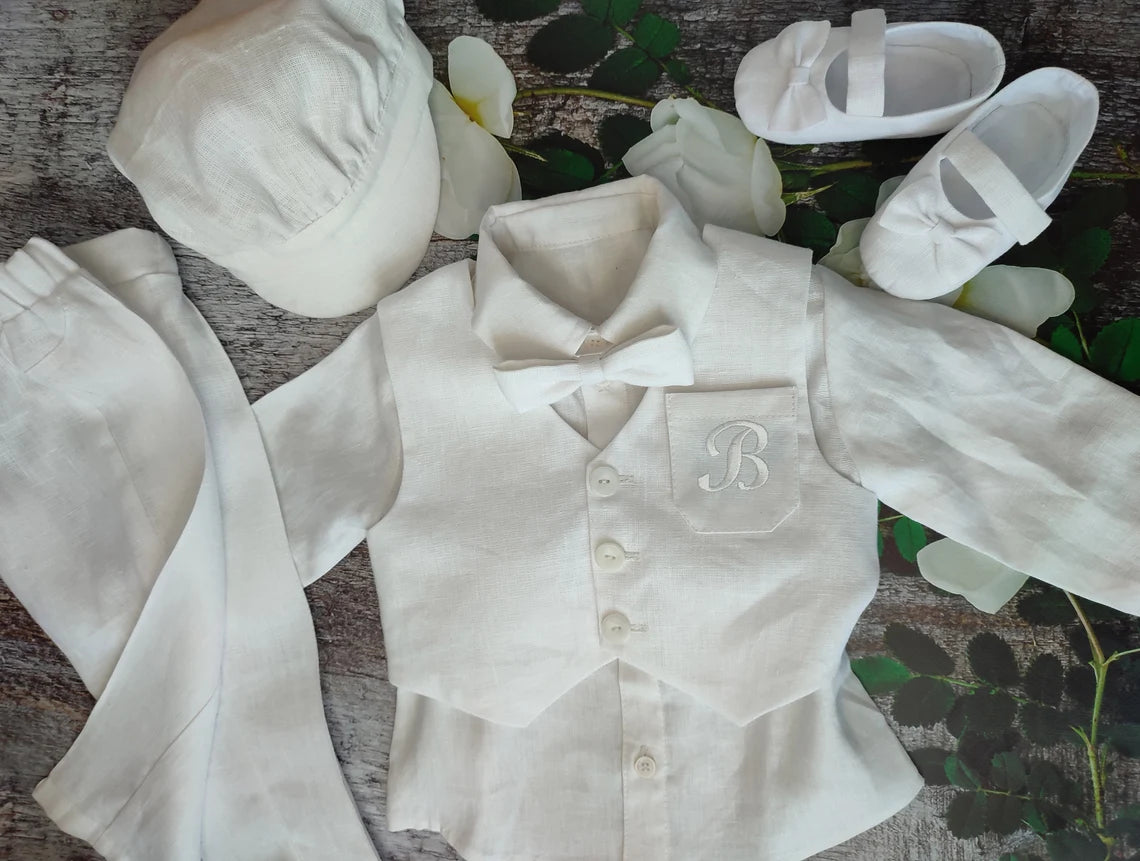 Linen baby boy baptism outfit