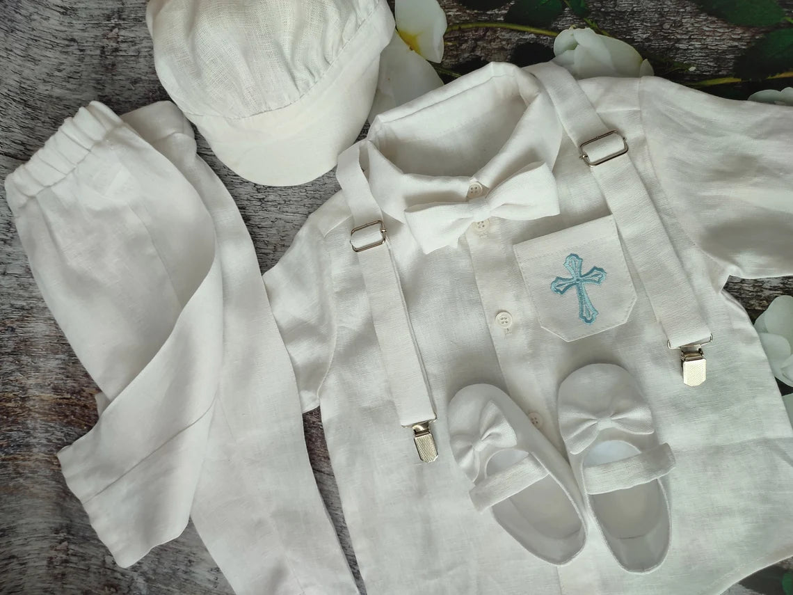 Linen baby boy baptism outfit