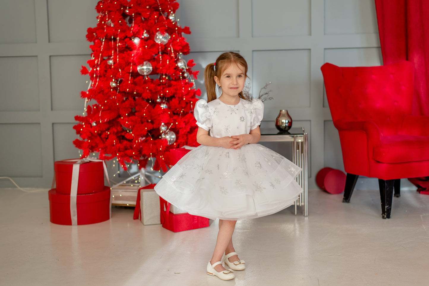 White Snowflake Christmas Dress for Toddler — Puffy Festive Gown with Silver Belt and Bow