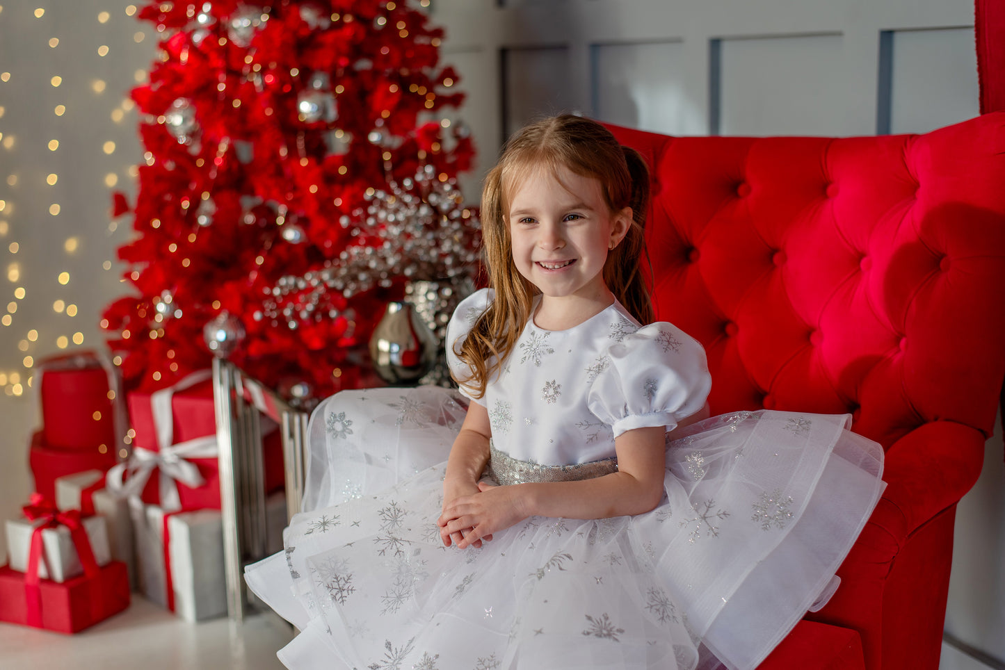 White Snowflake Christmas Dress for Toddler — Puffy Festive Gown with Silver Belt and Bow