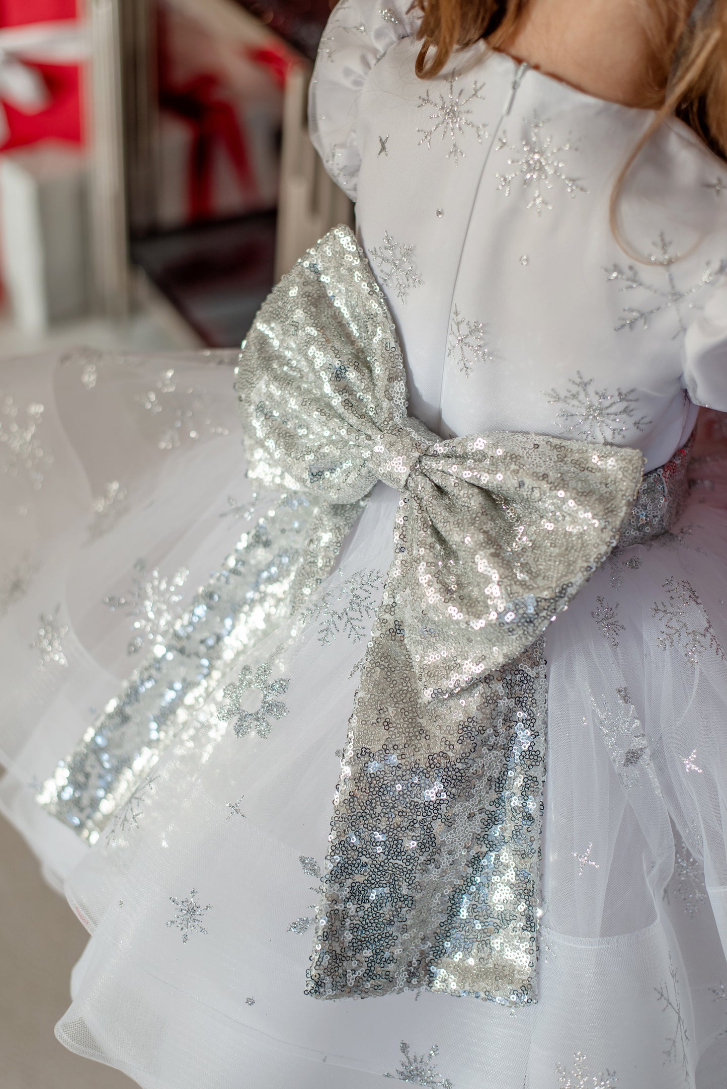 White Snowflake Christmas Dress for Toddler — Puffy Festive Gown with Silver Belt and Bow