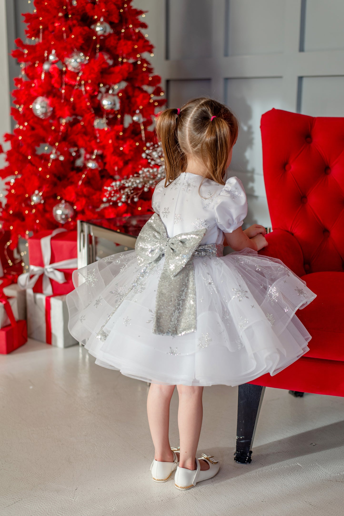 White Snowflake Christmas Dress for Toddler — Puffy Festive Gown with Silver Belt and Bow
