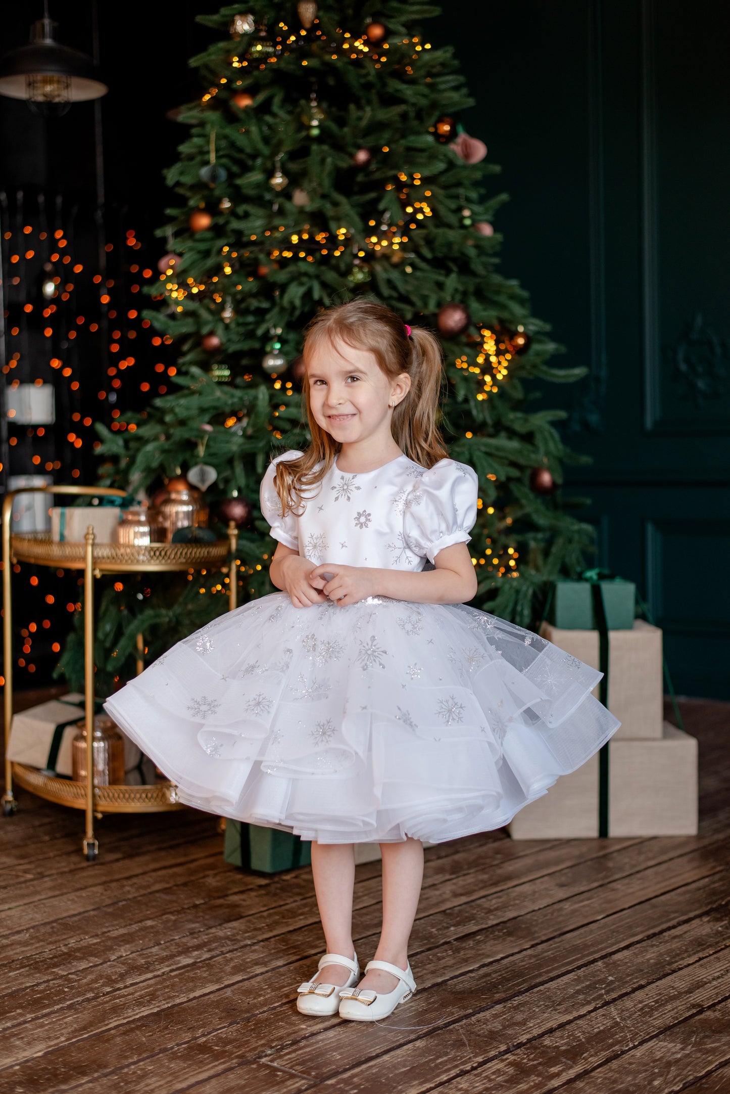 White Snowflake Christmas Dress for Toddler — Puffy Festive Gown with Silver Belt and Bow