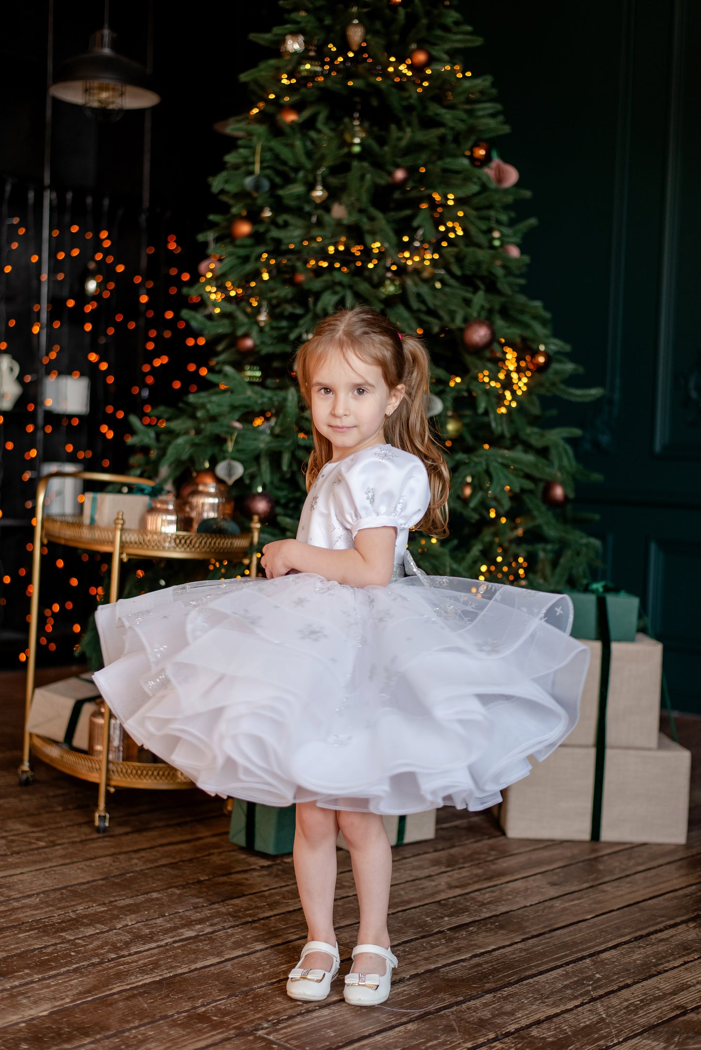 White Snowflake Christmas Dress for Toddler — Puffy Festive Gown with Silver Belt and Bow