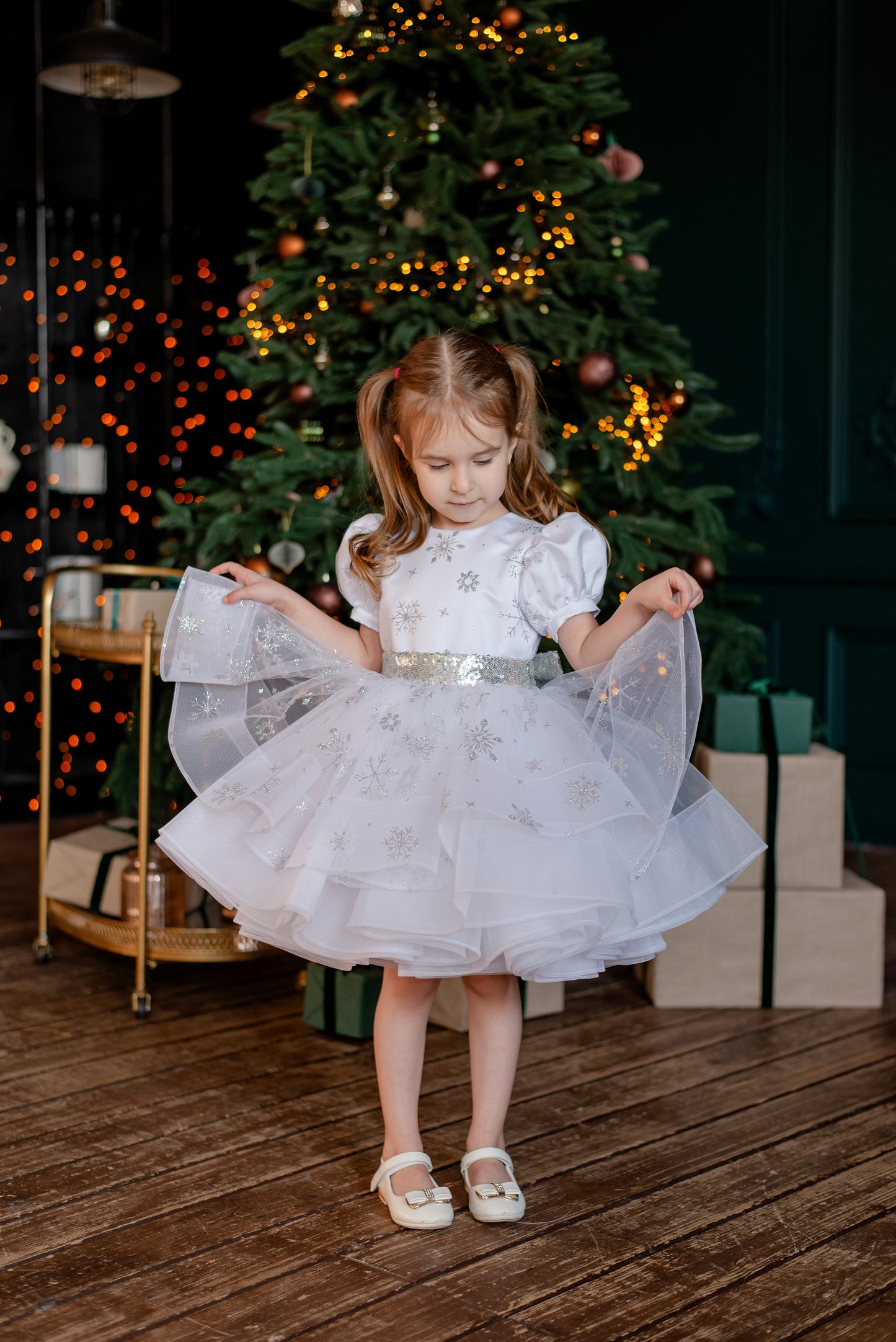 White Snowflake Christmas Dress for Toddler — Puffy Festive Gown with Silver Belt and Bow