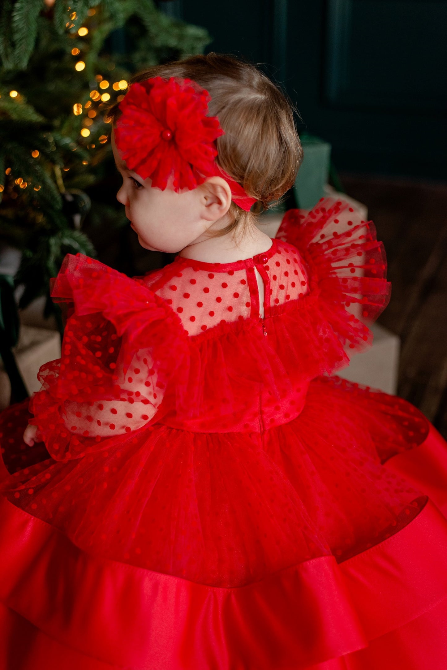 Red Toddler Christmas Dress with Polka Dots — Long-Sleeve Festive Puffy Dress for Girls
