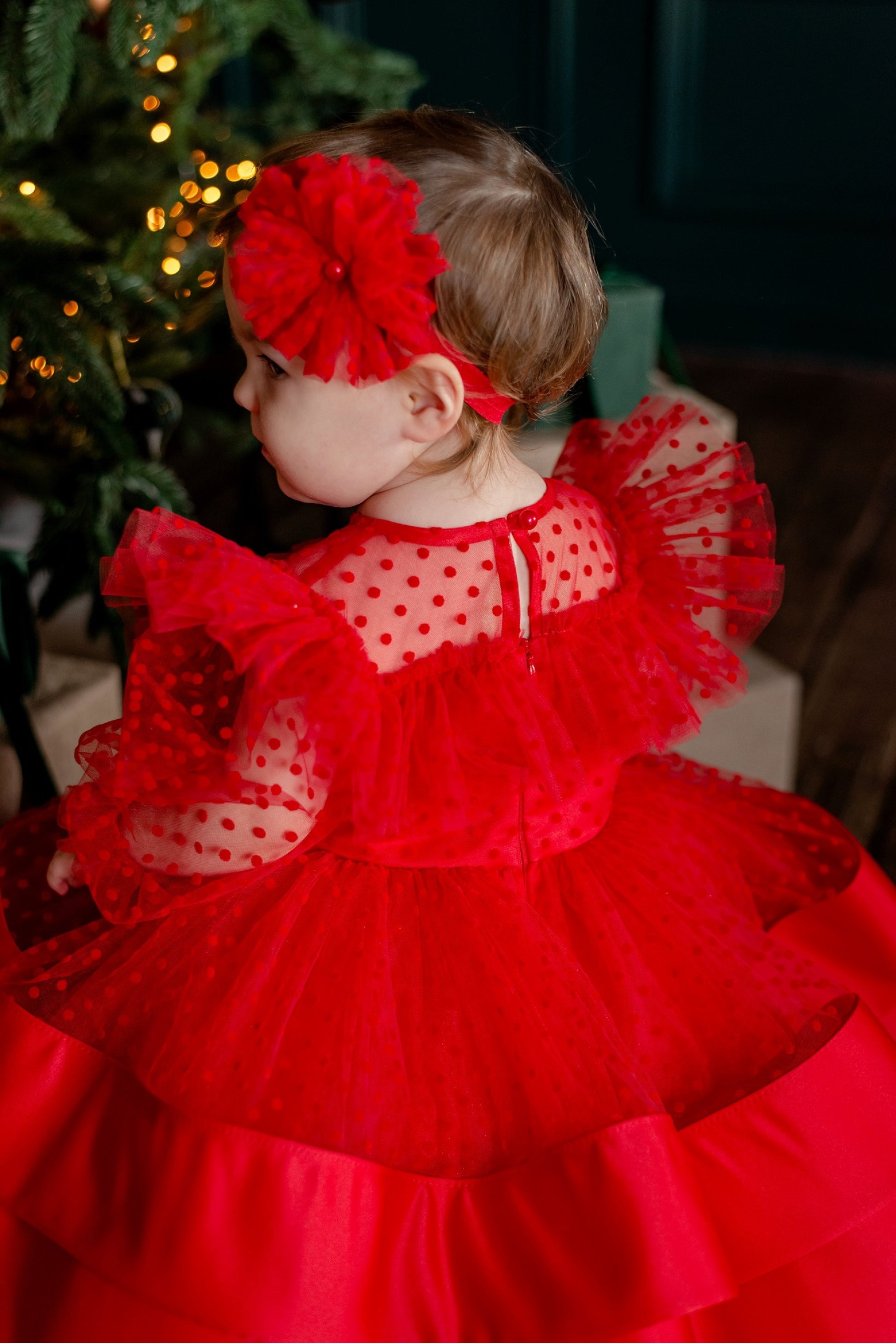 Red Toddler Christmas Dress with Polka Dots — Long-Sleeve Festive Puffy Dress for Girls