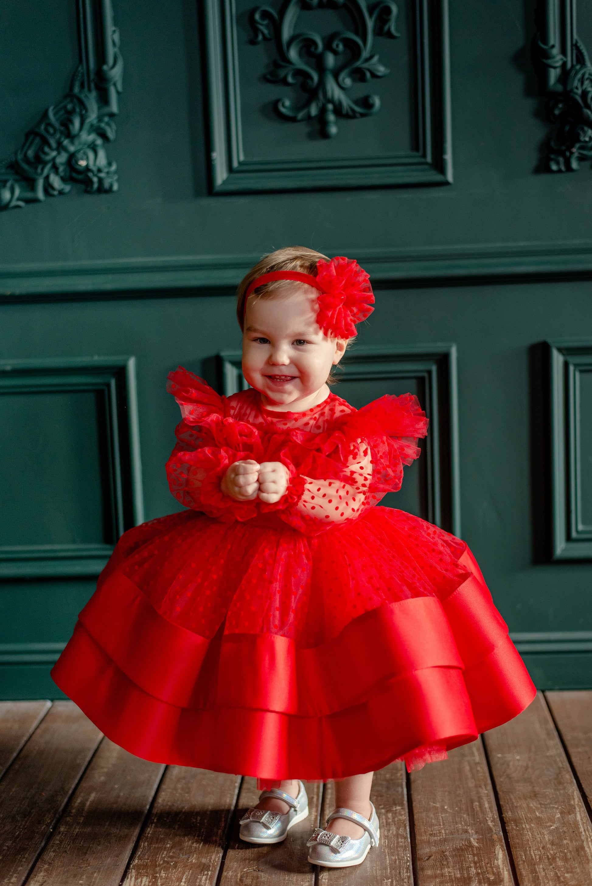 Red Toddler Christmas Dress with Polka Dots — Long-Sleeve Festive Puffy Dress for Girls