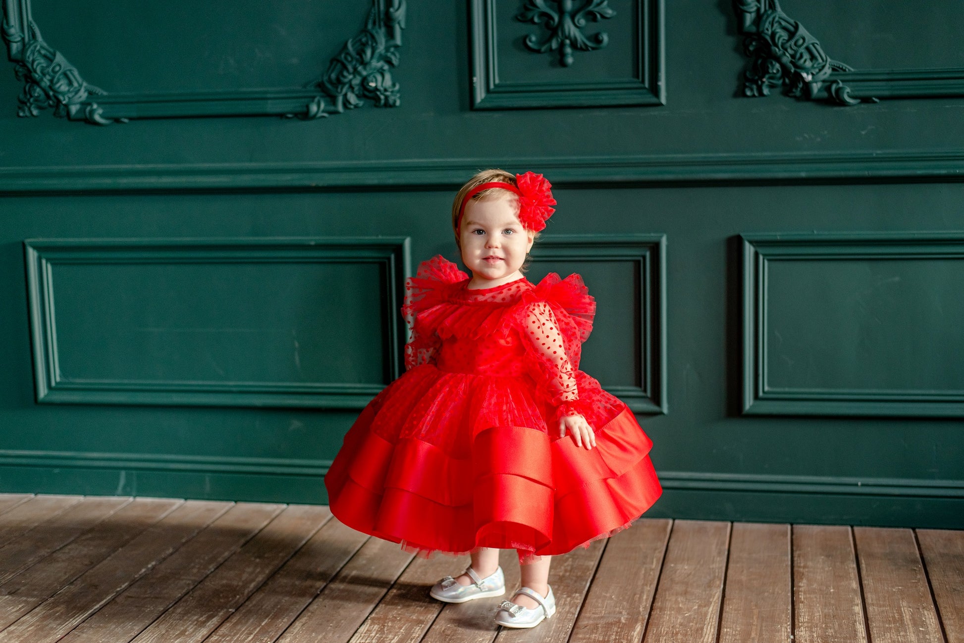 Red Toddler Christmas Dress with Polka Dots — Long-Sleeve Festive Puffy Dress for Girls
