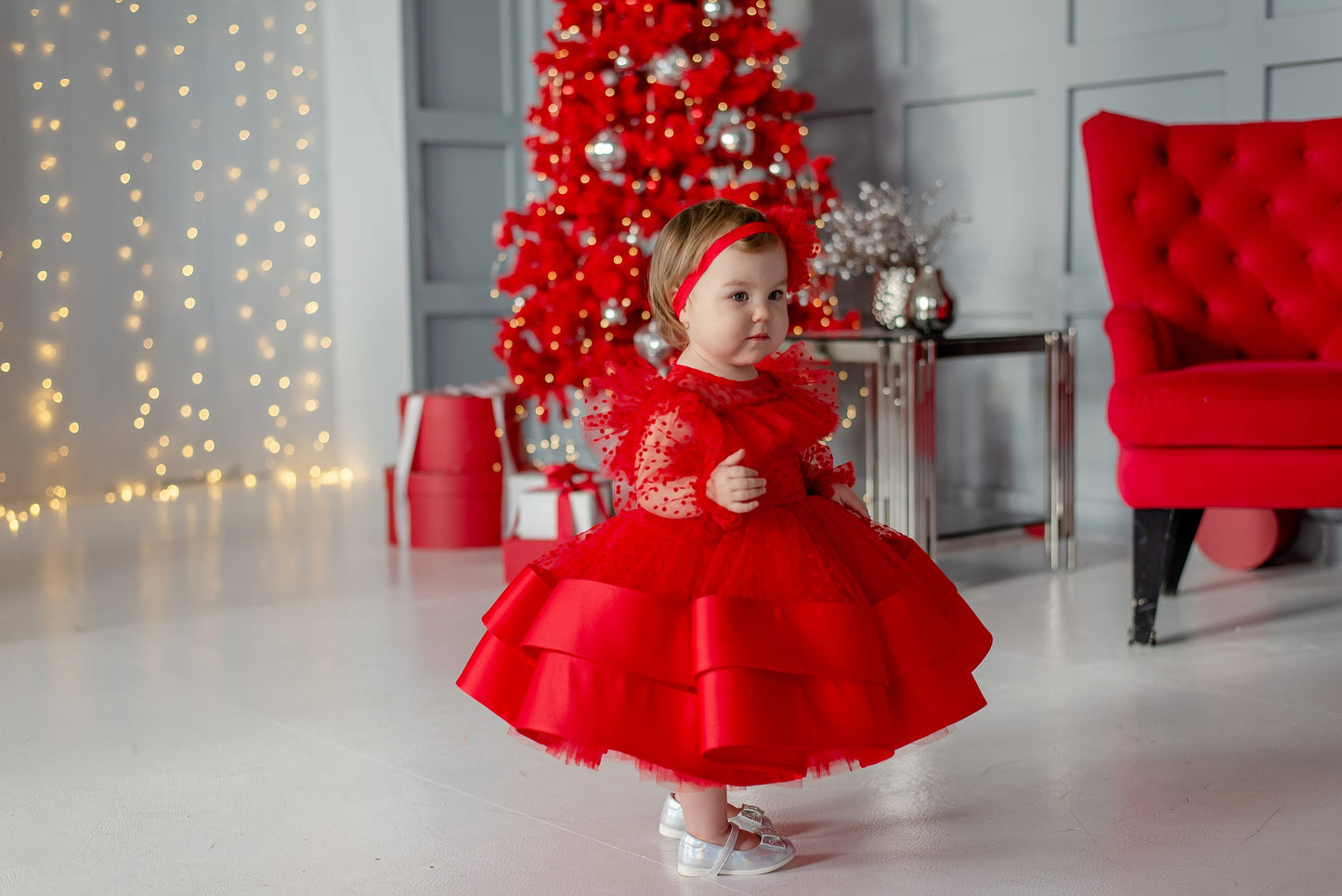 Red Toddler Christmas Dress with Polka Dots — Long-Sleeve Festive Puffy Dress for Girls