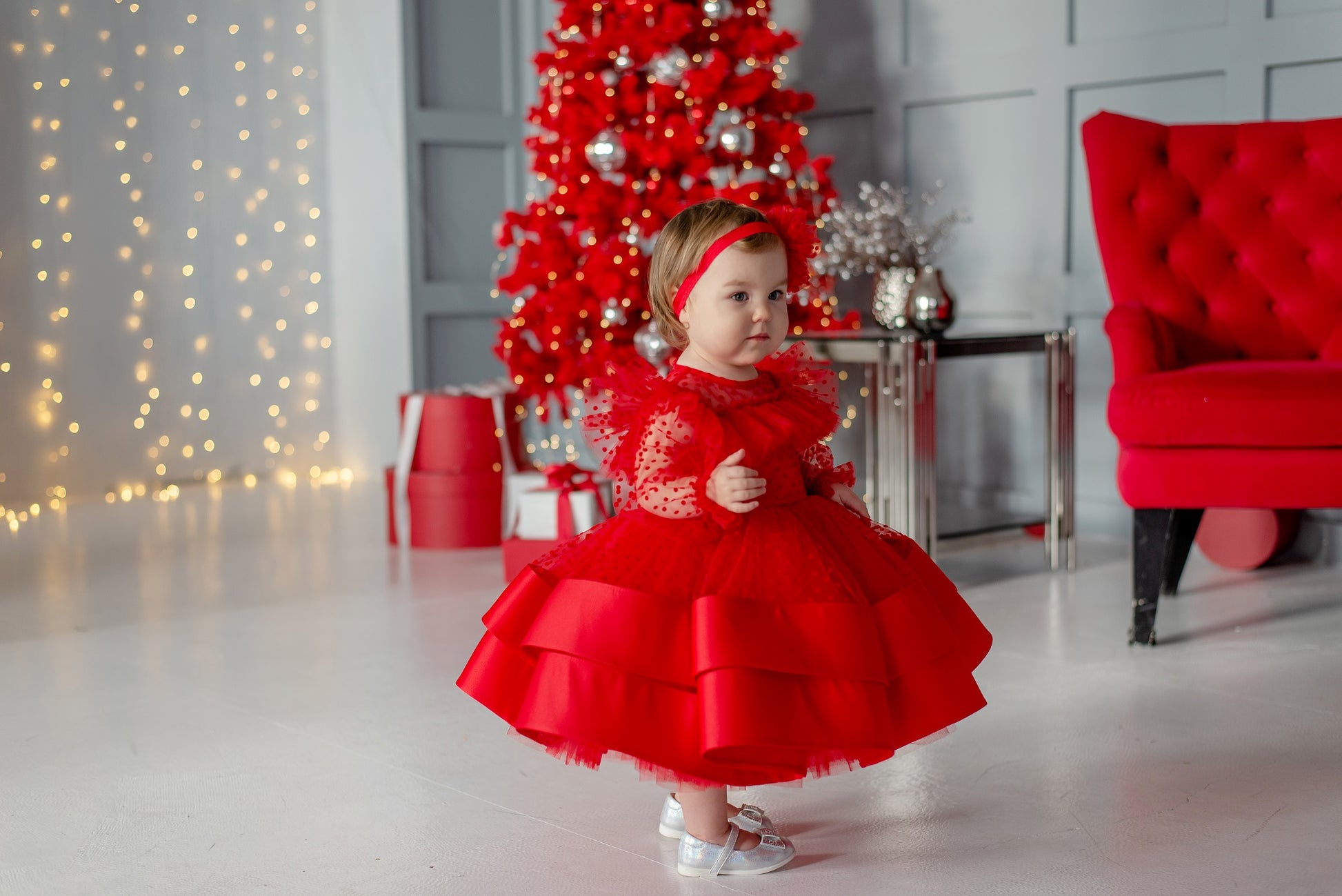 Red Toddler Christmas Dress with Polka Dots — Long-Sleeve Festive Puffy Dress for Girls