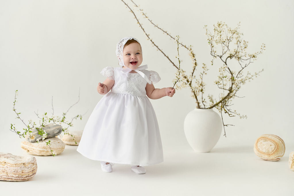 White Newborn Christening Dress Set — 2-in-1 Convertible Baptism Gown with Short Inner Dress and Long Lace Overdress