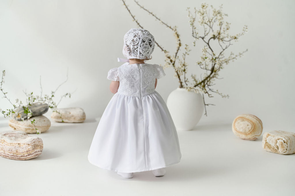 White Newborn Christening Dress Set — 2-in-1 Convertible Baptism Gown with Short Inner Dress and Long Lace Overdress