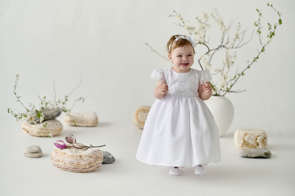 White Newborn Christening Dress Set — 2-in-1 Convertible Baptism Gown with Short Inner Dress and Long Lace Overdress