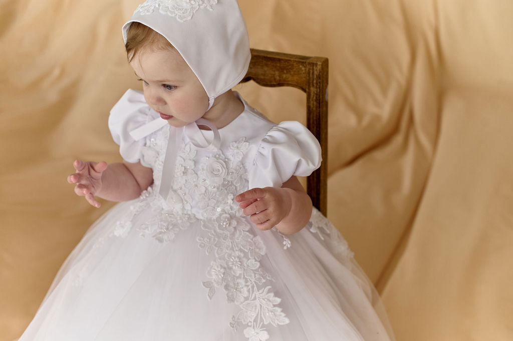 White Newborn Long Christening Dress with Satin Puff Sleeves and Lace Appliqué — Classic Baptism Gown for Baby Girl