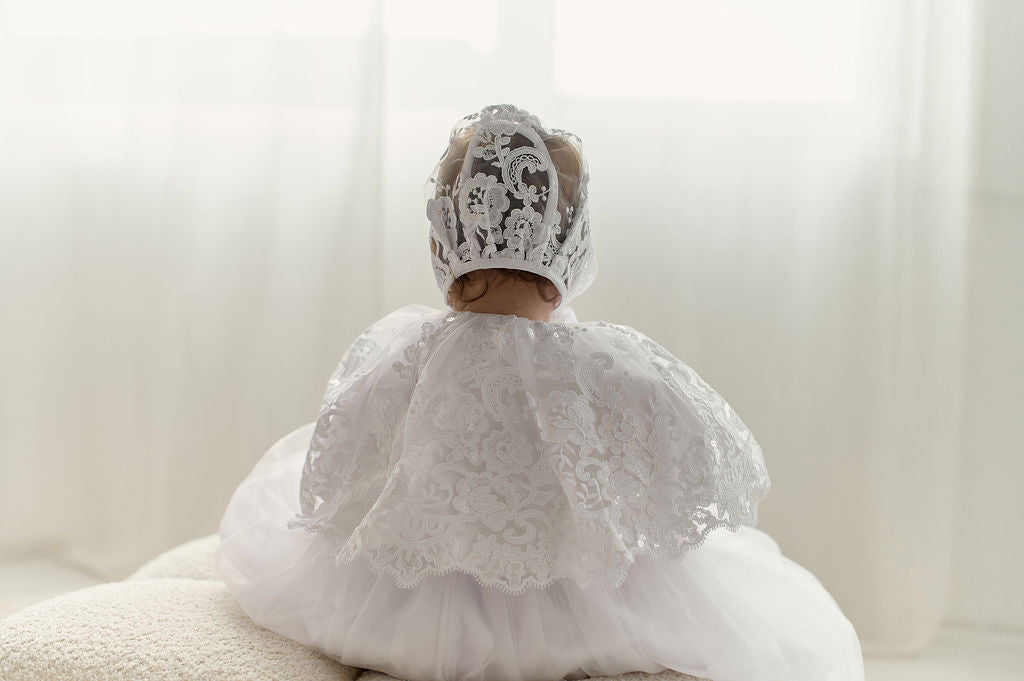 White Long Newborn Christening Dress with Lace Hem and Short Lace Sleeves — Classic Baptism Gown with Matching Bonnet and Accessories