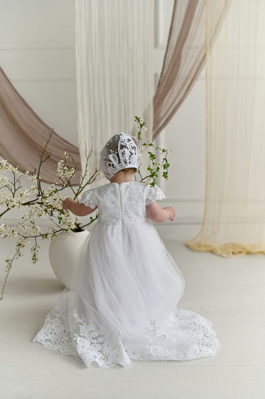 White Long Newborn Christening Dress with Lace Hem and Short Lace Sleeves — Classic Baptism Gown with Matching Bonnet and Accessories