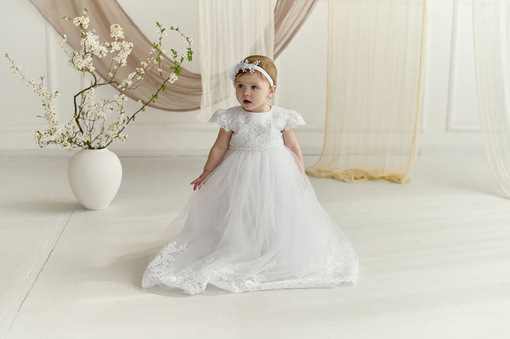 White Long Newborn Christening Dress with Lace Hem and Short Lace Sleeves — Classic Baptism Gown with Matching Bonnet and Accessories
