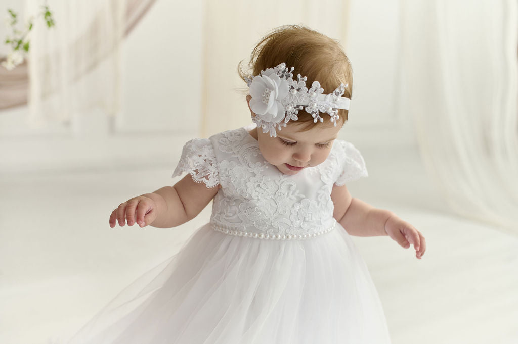 White Long Newborn Christening Dress with Lace Hem and Short Lace Sleeves — Classic Baptism Gown with Matching Bonnet and Accessories