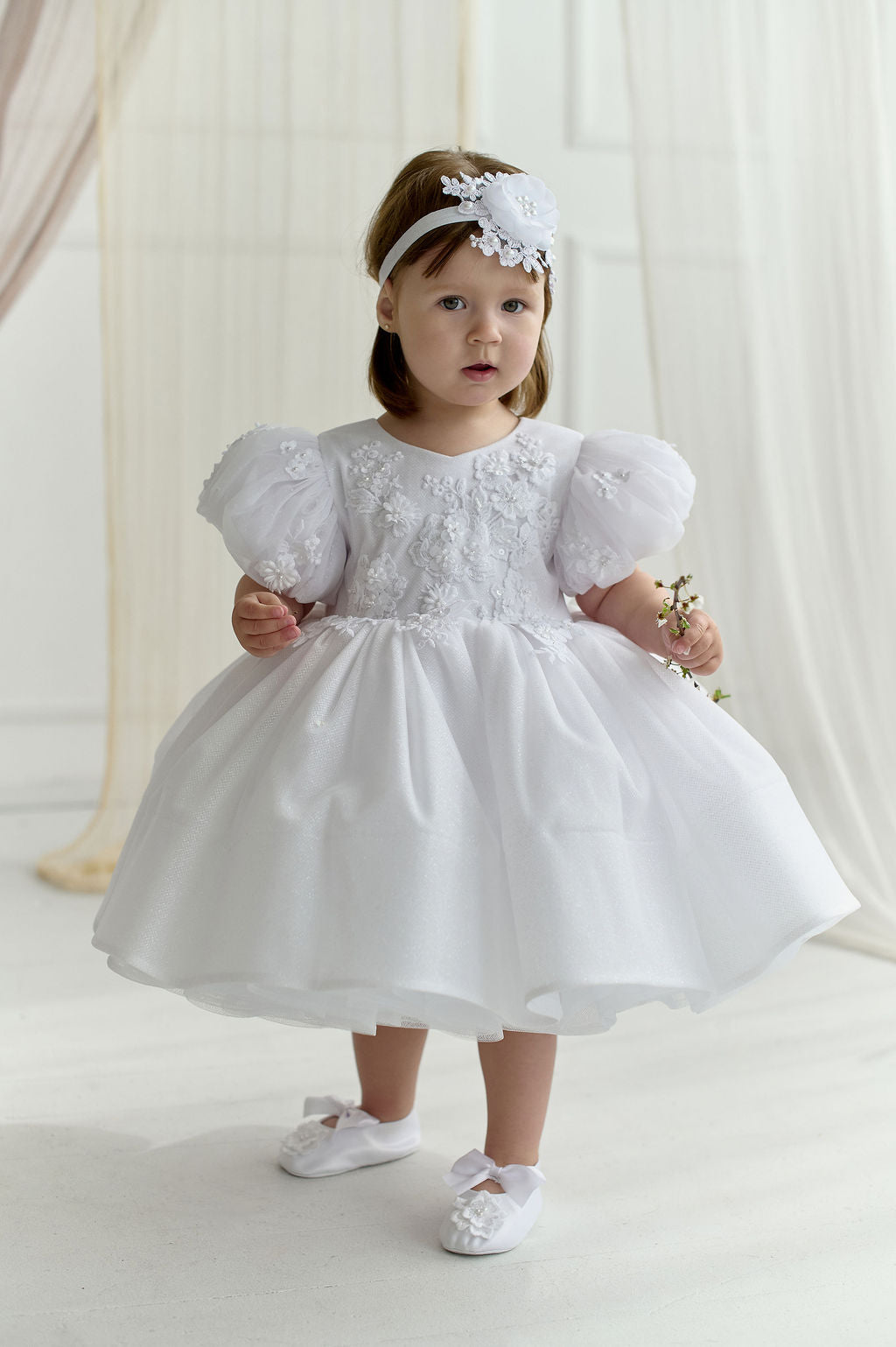 White Sparkly Christening Dress with Hand-Sewn Appliqué — Short Puffy-Sleeve Baptism Dress for Baby Girl