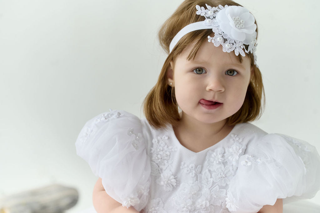 Headband for White Sparkly Christening Dress with Hand-Sewn Appliqué — Short Puffy-Sleeve Baptism Dress for Baby Girl