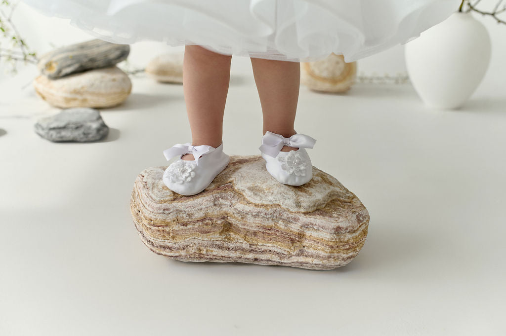 Shoes for White Sparkly Christening Dress with Hand-Sewn Appliqué — Short Puffy-Sleeve Baptism Dress for Baby Girl