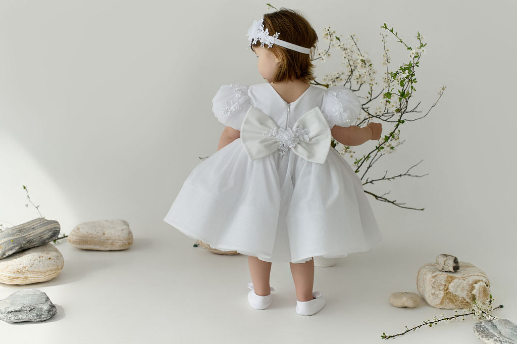 White Sparkly Christening Dress with Hand-Sewn Appliqué — Short Puffy-Sleeve Baptism Dress for Baby Girl