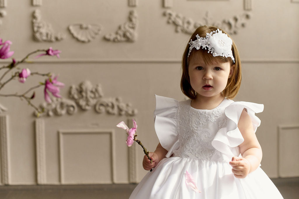 White Satin Christening & Baptism Dress — Classic Lace Gown with Ruffle, Sheer Back & Bow | Communion & Birthday Outfit