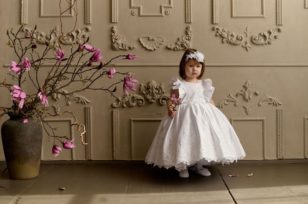 White Satin Christening & Baptism Dress — Classic Lace Gown with Ruffle, Sheer Back & Bow | Communion & Birthday Outfit