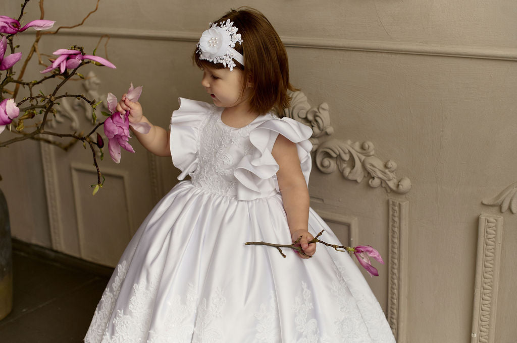 White Satin Christening & Baptism Dress — Classic Lace Gown with Ruffle, Sheer Back & Bow | Communion & Birthday Outfit