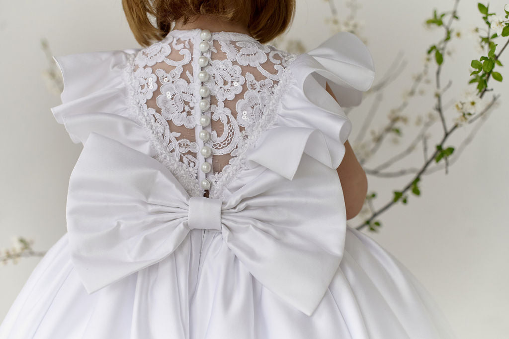 White Satin Christening & Baptism Dress — Classic Lace Gown with Ruffle, Sheer Back & Bow | Communion & Birthday Outfit