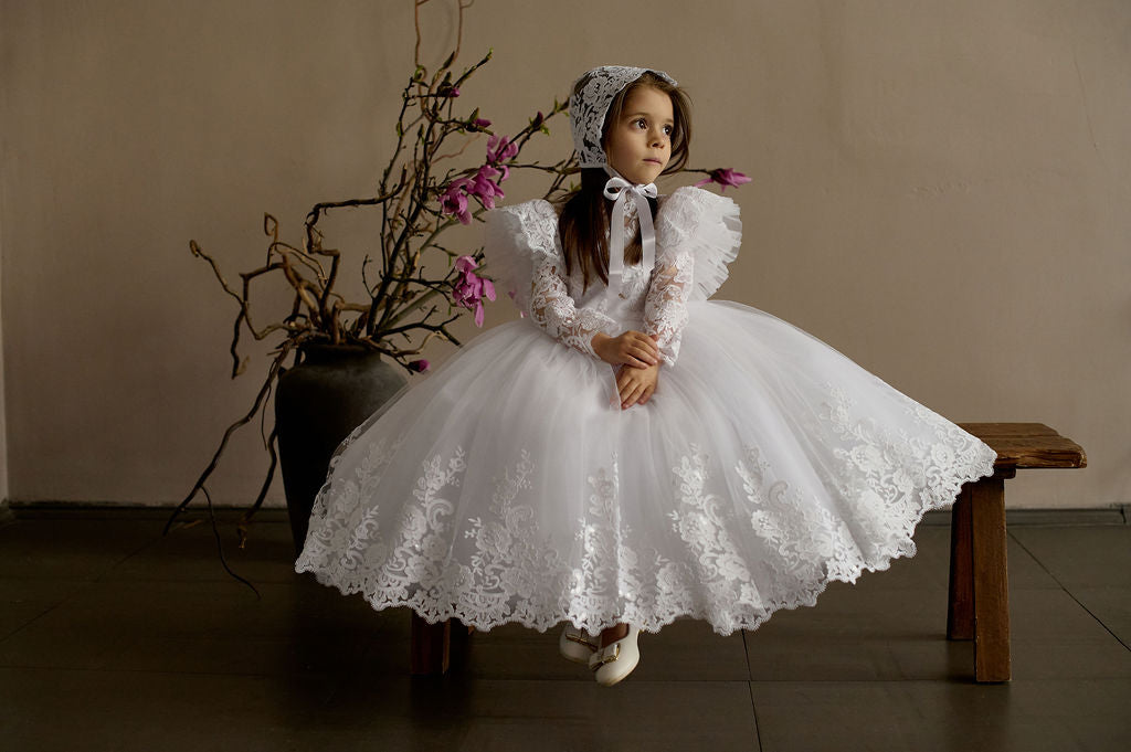 White Toddler Christening Dress with Lace Ruffle and Sheer Back — Puffy Long-Sleeve Baptism Gown