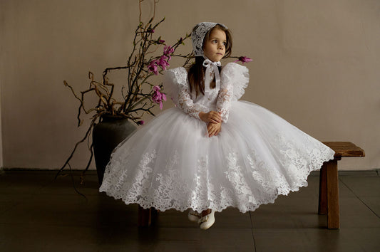 White Toddler Christening Dress with Lace Ruffle and Sheer Back — Puffy Long-Sleeve Baptism Gown