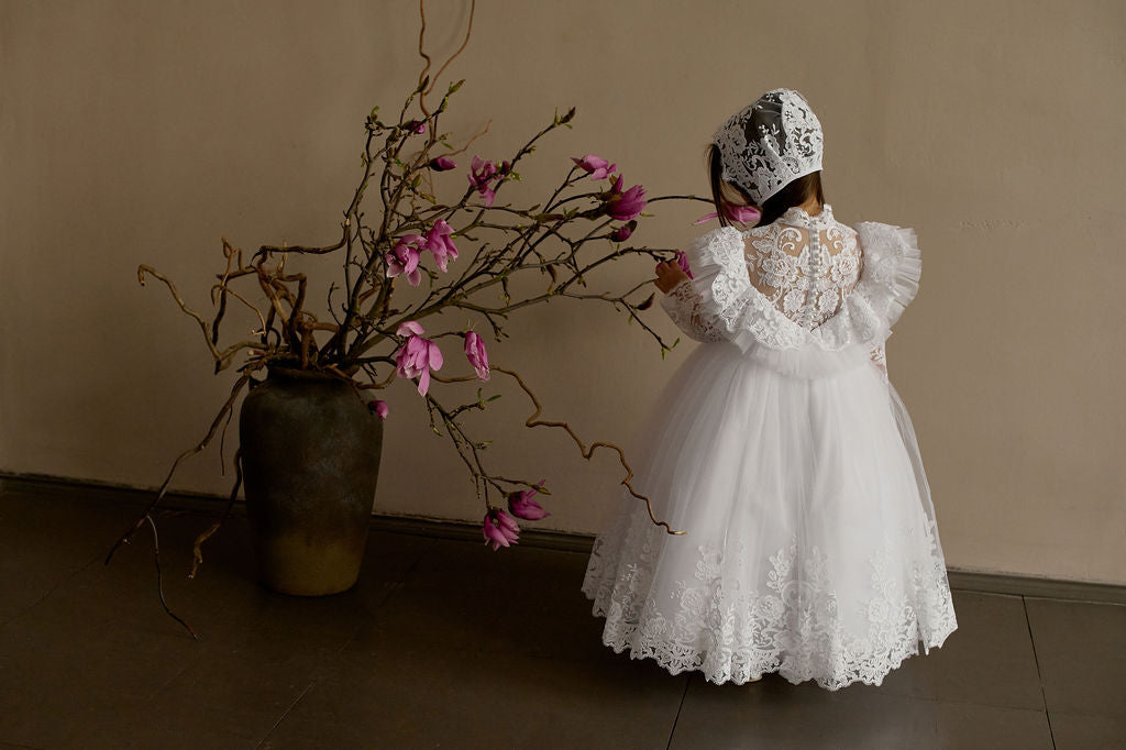 White Toddler Christening Dress with Lace Ruffle and Sheer Back — Puffy Long-Sleeve Baptism Gown