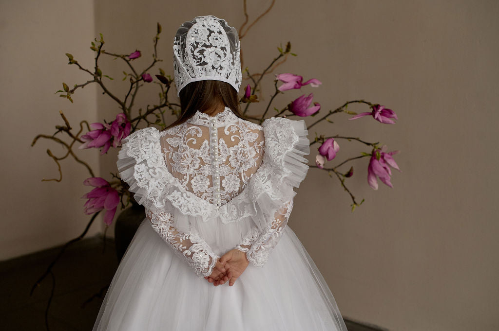 White Toddler Christening Dress with Lace Ruffle and Sheer Back — Puffy Long-Sleeve Baptism Gown