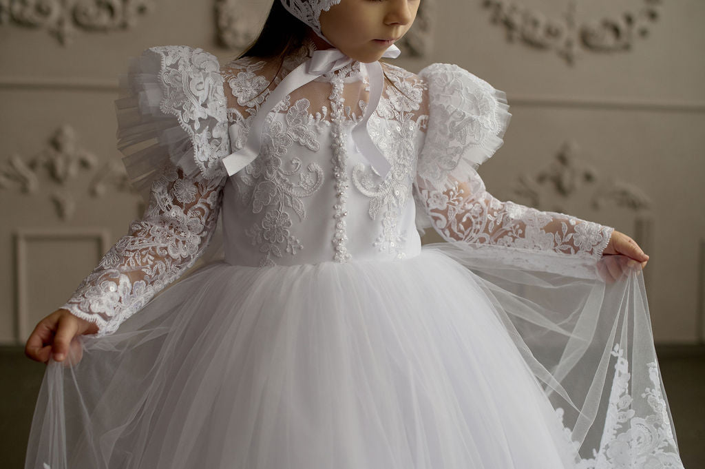 White Toddler Christening Dress with Lace Ruffle and Sheer Back — Puffy Long-Sleeve Baptism Gown